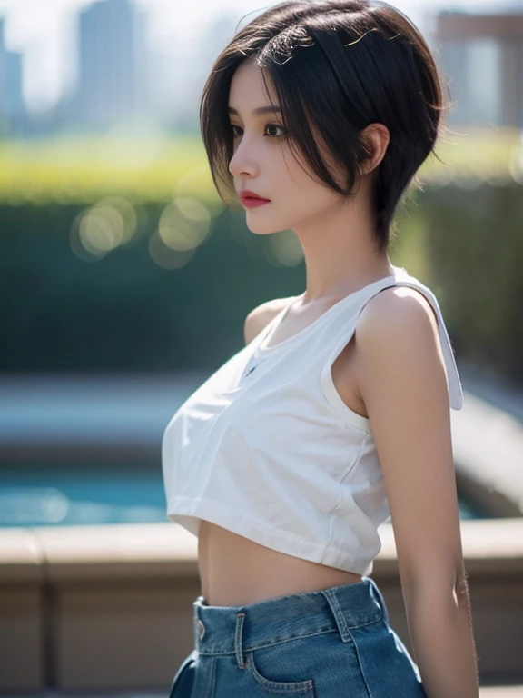 realistic photo, View from the side, 1 girl, Brown hair, Skinny body, medium tits, thin face, denim skirt, White crop top, Fountain Park, rim light, bokeh,
