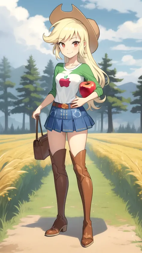 (masterpiece, best quality:1.2),cowboy shot,solo,1girl,mlpapplejack,smile,looking at viewer,low-tied long hair,cowboy hat,shirt,denim skirt,belt,wheat, thigh high boots, field,vector trace, full body, skinny legs, brown boots, red eyes, To carry a karzinka...