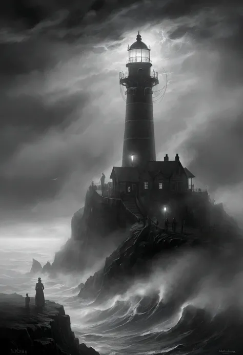 The monster of Cthulhu, completely obscured by the thick fog on the distant sea，The light of the lighthouse shone toward it，intricate mist-shrouded island, atmospheric mysterious landscape, fantastic moody weather, dramatic lighting, cinematic composition,...