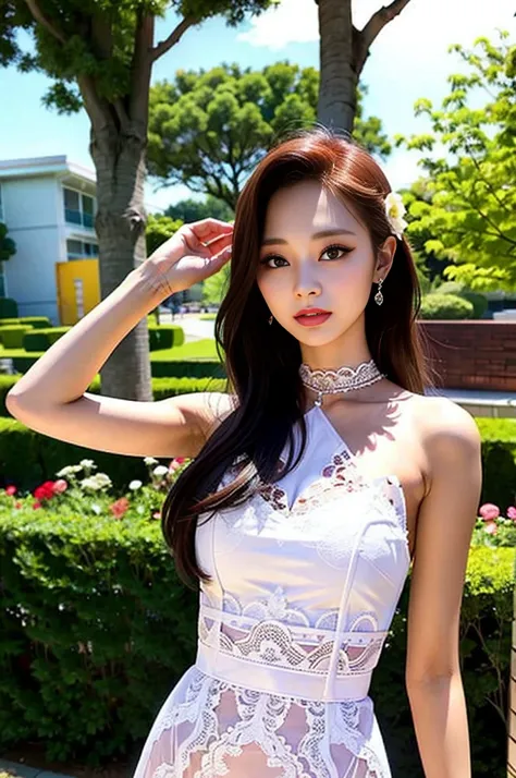 Tzuyu 1, woman, (Realistic), (Hyperrealism), (photoRealistic), Written boundary depth, eye make up:0.7 (whole body:1.8), (Large Bust),(Tight waist), Observe the audience,At the flower garden, Fashion Model, A sexy lace dress with open shoulders and necklin...