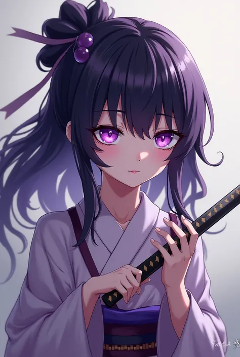 Japanese girl with blackish  purple hair and purple eyes kinda pale has a purple hair pin. Has a unbothered expression and is holding a mini katana 