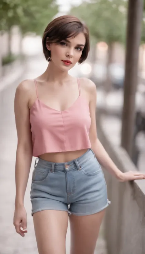 beautiful brunette girl, wearing red crop top , wearing jeans shorts ,short hair , wearing pink heels,full body portrait shot ,wide angle lens , walking,city in the background , wearing jewelry