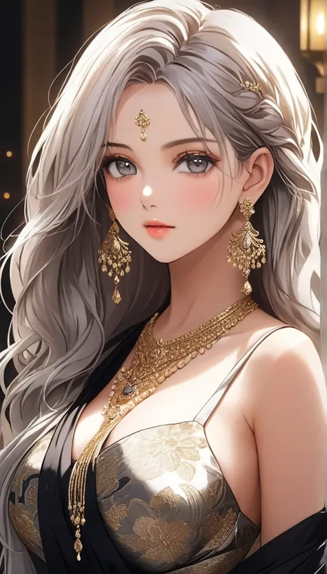 A beautiful woman with long white wavy hair, grey eyes, wearing an ornate designer saree, extremely detailed hair, extremely detailed eyes, extremely detailed body, (best quality,4k,8k,highres,masterpiece:1.2),ultra-detailed,(realistic,photorealistic,photo...