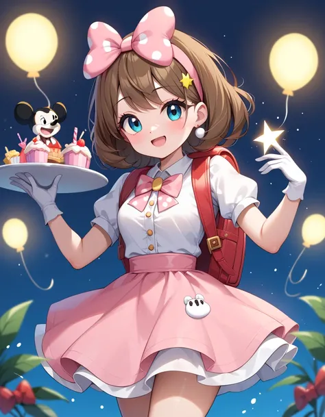 Masterpiece, hd, best quality, 1girl , 10 year old, minnie mouse hairbands, ((high quality))brown hair, (brown hair:1.3), magical dress, magic , cosplay of a minnie mouse, dress, white and teal garment, sea - pink and white clothes, sanrio, white shirt and...