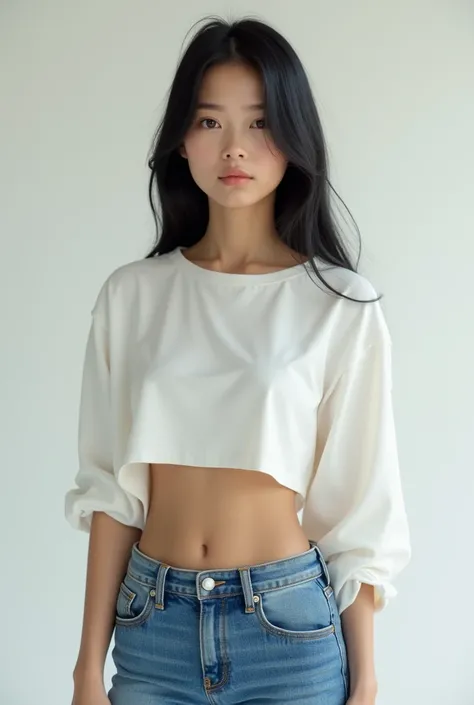 Brunette with black straight hairs wearing a white crop top with medium long sleeves and blue narrow jeans