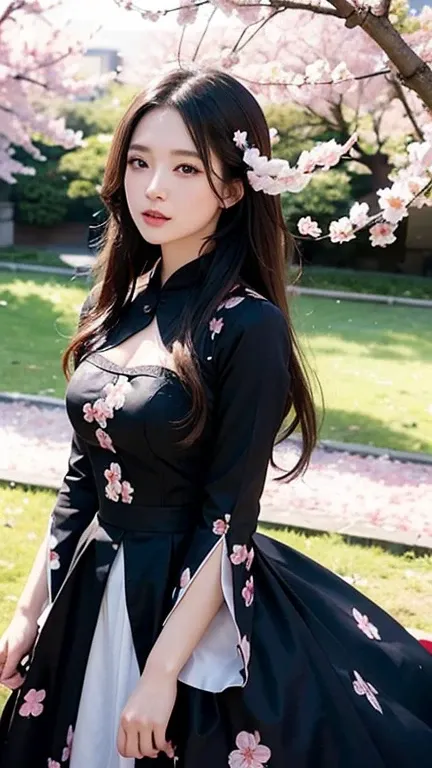 A beautiful woman in a cherry blossom garden, detailed face with beautiful eyes and lips, long black hair flowing in the wind, wearing a dress with cherry blossom pattern, surrounded by dancing petals in the sunlight, high quality 8k photo-realistic CG art...