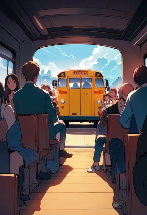 A person walks in school bus with his backpack and people sitting on Seats With a camera angle showing a persons face 