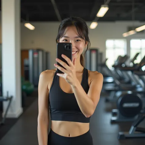 A fair-skinned Japanese woman wearing tight-fitting workout clothes takes a selfie while looking in the mirror。The woman&#39;s background is full of cutting-edge equipment.？。