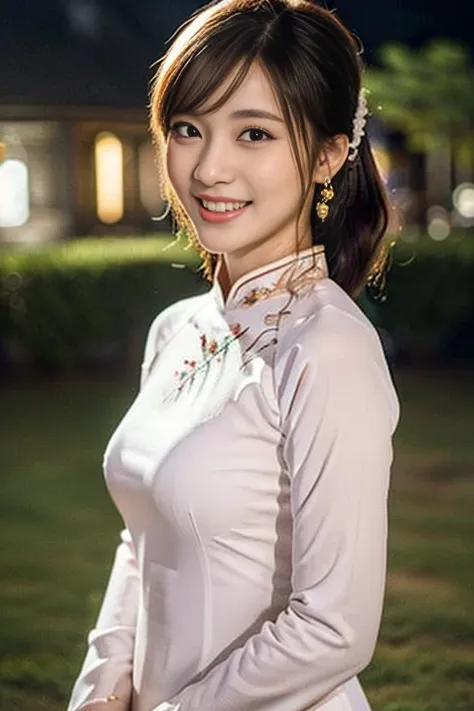 (a gorgeous Vietnamese lady, Youthful & feminine, Vietnamese traditional dress Ao Dai, posing at Ho, Chinese gardenz under night sky,

Easygoing expression, very beautiful face, very detailed face, very detailed eyes, beautiful detailed eyes,  dimples, kin...