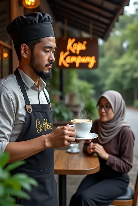 Image setting wide top view, created a hensom man with a slightly medium body, glasses, Malay face,  27 year, very little short, thin, and neat beard and mustache. Barista shirt and chef skull hat, he was a restaurant waiter who delivered a cup of warm cof...