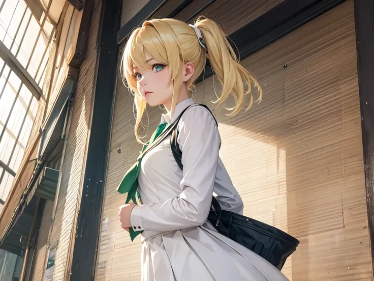 (Ultra extreme detailed),(Masterpiece),(Ultra extreme),(Realistic),CG,(color:1.2), Strong lighting,Light from behind,evaluation:Safety,One blonde, one alone., white,Blonde Short Hair,Green Eyes,white shrite,short_beautiful girl((uniform))、convenience store...