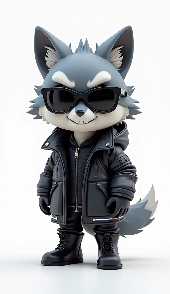 3D rendering in C4d and Blender of a cute cartoon style wolf wearing a black leather Parka and white techwear underneath, with big eyes, sunglasses, small nose, and a full body shot against a white background. The wolf has black leather boots and a chibi c...