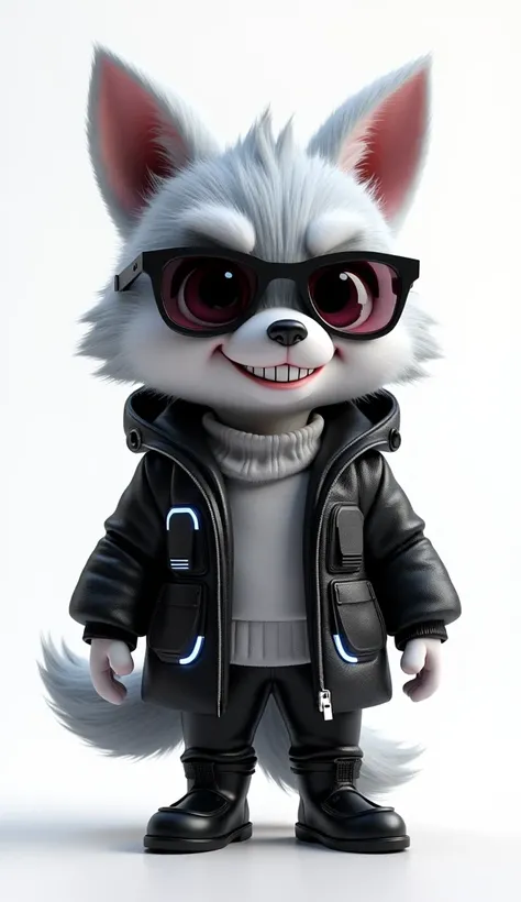 3D rendering in C4d and Blender of a cute cartoon style wolf wearing a black leather Parka and white techwear underneath, with big eyes, sunglasses, small nose, and a full body shot against a white background. The wolf has black leather boots and a chibi c...