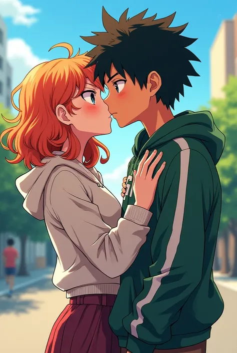 Izuku Midoriya (female with curly hair), Who kisses Katsuki Bakugo (male), in sportswear, High school students , du style manga