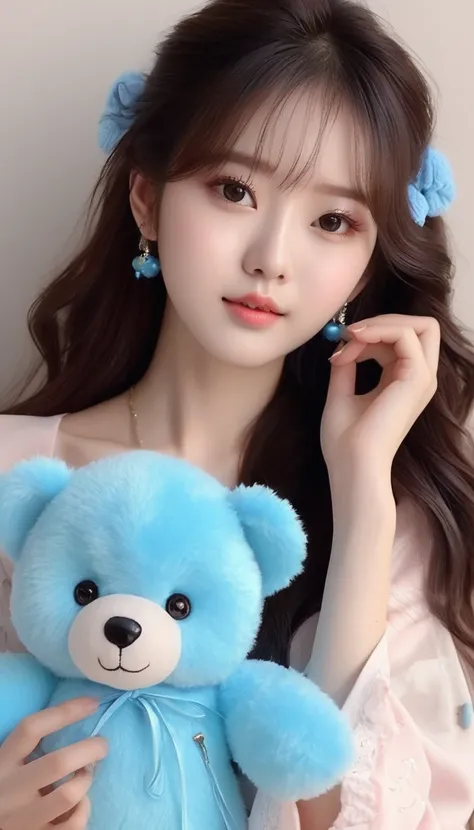 araffe girl with long hair holding a blue teddy bear, ulzzang, wan adorable korean face, cute beautiful, beautiful cute, popular south korean makeup, beautiful south korean woman, gorgeous young korean woman, with blue skin, beautiful young korean woman, c...