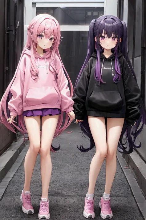 twin girls, one pink and one purple with long hair, all wearing black hoodies