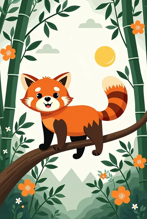 A playful red panda balancing on a tree branch, surrounded by bamboo leaves and flowers. The red panda has a happy expression, and the background includes simple mountain outlines and a sun peeking through 
Make it a coloring book page and more simple