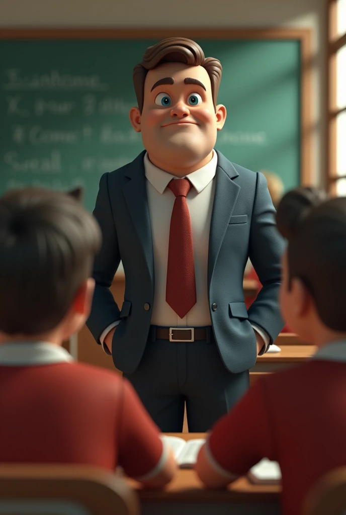 A 3D male teacher see the student with the gentleman expression without smiling in the classroom
