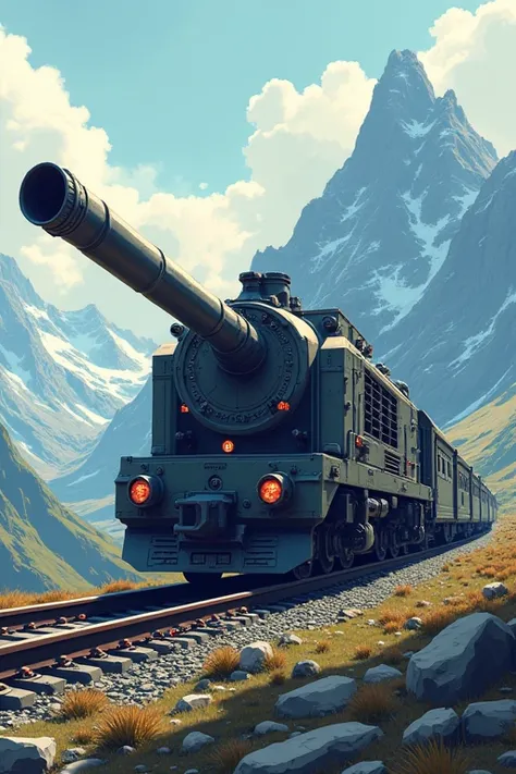 (train:1.5), (train theme:1.5),(pixel art:1.5), (fantasy:1.5), (sci-fi:1.5), (imaginary train:1.5), (Train Guns:1.5),(80cm train gun:1.5),(german train gun:1.5), (German mountain background:1.5), (dynamic), (movie scene:1.5),