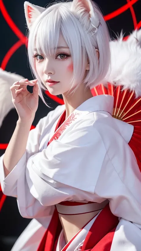 White Demon Fox、Nine-tailed Fox、Japanese women、kimono、Fair skin、Red lines on face、8K、I have white hair、Bobshort hair