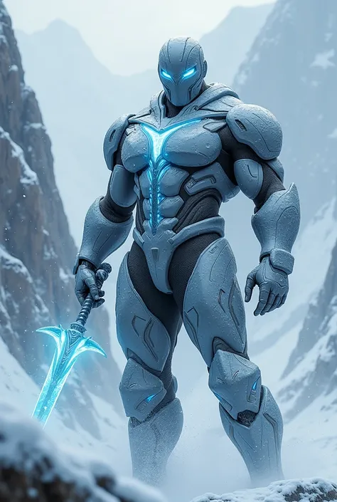 Winterman superhero with winter sword and powerful suit