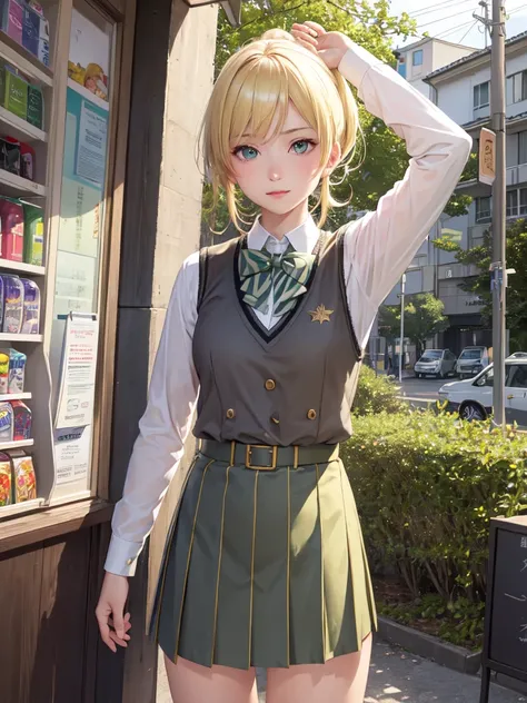 (Ultra extreme detailed),(Masterpiece),(Ultra extreme),(Realistic),CG,(color:1.2), Strong lighting,Light from behind,evaluation:Safety,One blonde, one alone., white,紺color,Blonde Short Hair,Green Eyes,white shrite,short_beautiful girl((uniform))、convenienc...