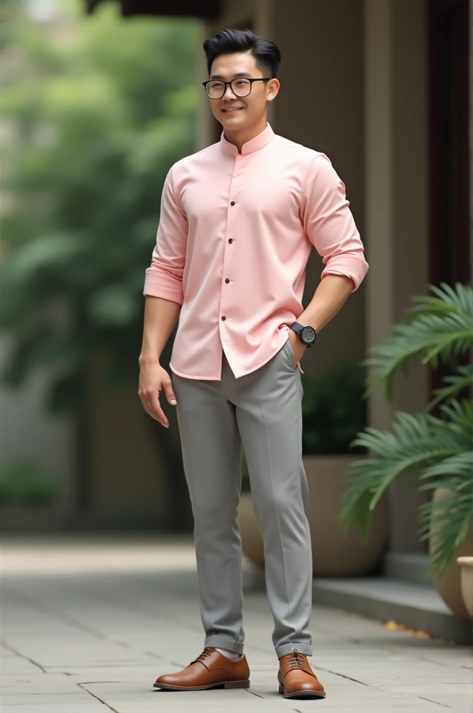 Smart athletic body man with smart look wearing light baby pink chinese standing collar shirt sleeves folder with light gray pants with light brown shoes. Watch in left hand. Realistic image with glasses. Full body image.