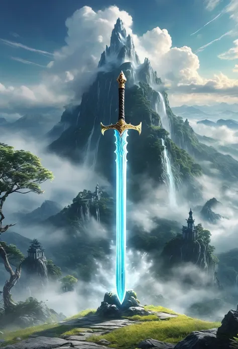 best quality, very good, 16K, ridiculous, Very detailed, Giant glowing sword，made of mist, Background mountain top（（A masterpiece full of fantasy elements）））， （（best quality））， （（Intricate details））（8K）