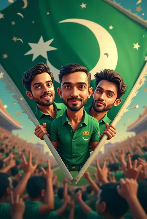 Make a YouTube thumbnail which includes babar azam(Pakistani cricker), quiad e azam(founder of Pakistan), Arshad nadeem(gold medalest) along with Pakistani flag. It must be funny for independence. Add their own pictures not animated.