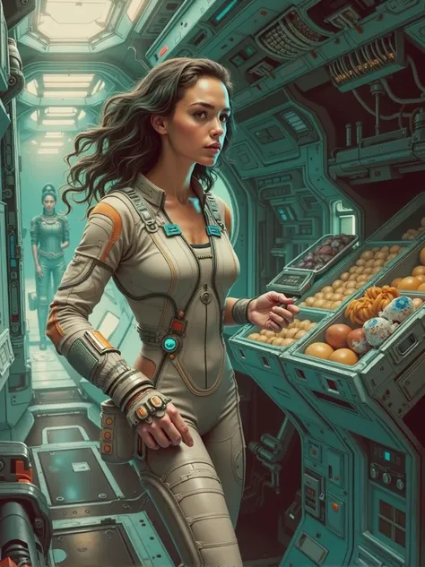 cinematic portrait of [Kaya Scodelario:Gal Gadot:0.5] donning a futuristic cyberpunk austronaut space suite walks in Intergalactic Spaceship sidewalk with handful of rationed groceries in Spaceship, wears cyberpunk austronaut space suite, Futuristic Cyberp...