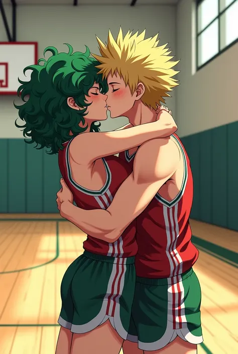 Izuku Midoriya (female with curly hair), Who kisses Katsuki Bakugo (male), en tenue de sport et dans un gymnase, High school students , du style manga