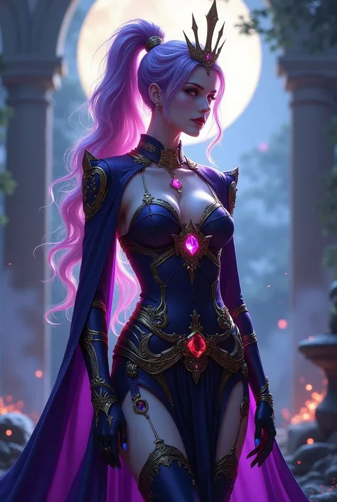 Vampire Queen Combat Dress (Radiant Royal Cloak: 1.2) Black and Purple Color outfit, (extremely delicate beautiful eyes and depression but arrogant eyes), (multicolor, ponytail, iridescent hair, colorful hair, half purple and half pink hair: 1.3), (magical...