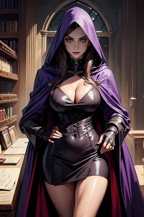 A vampire character wearing a trench coat, Own, don, long hair, powerful, laboratory, pergaminhos , textbooks, Volumes, creatures, study table, 8k, hooded cloak, dramatic scene, Magnificent, Purple Gothic Armor, arms crossed in a challenging positioning, g...