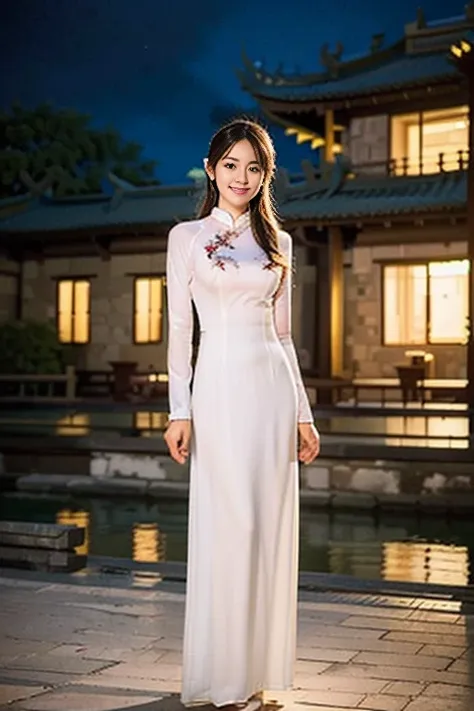 (a gorgeous vietnamese lady, youthful & feminine, vietnamese traditional dress ao dai, posing at a peaceful village, chinese gar...