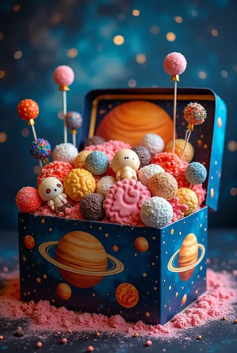 A box for a 15th birthday centerpiece with sweets (gummies, chocolates, mini gives, white chocolate eggs, the kind you buy by the kilo at a candy store, cookies) and the theme is about NASA, space, stars, galaxies, astronauts and Saturn.