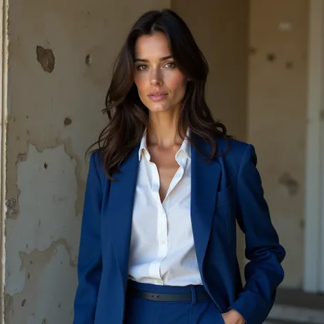 a young italian women in the style of Monica Bellucci, wears a shirt and a blue blazer, have a big breast, studies history of art, successful among men