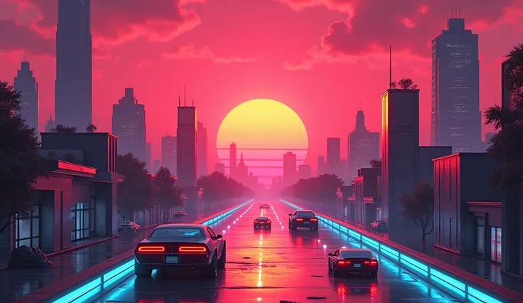 A vibrant retro-futuristic cityscape at sunset, featuring flying cars and neon lights, inspired by 1980s sci-fi aesthetics.