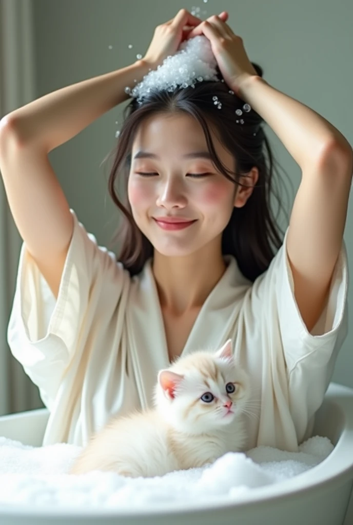 Create an Asian beauty with long hair，Regular facial features，Wearing a white satin bathrobe，Washing hair with both hands above the head，A cute white kitten next to it plays with the foam，Real bubbles，Foam envelops the beautys entire head，Beautiful girl op...