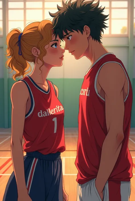 Izuku Midoriya (female with curly hair), Who kisses Katsuki Bakugo (male), en tenue de sport et dans un gymnase, High school students , du style manga