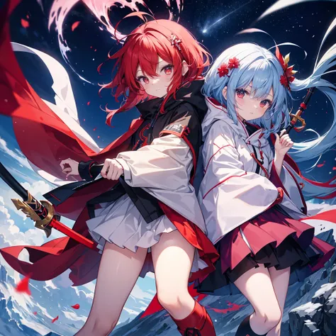 Please create an anime-style chibi character。Requirements are as follows。One is characterized by red and the other by blue。They are each wearing a hood.。They are carrying swords。The relationship between the two is that of sisters。The background is a moonli...