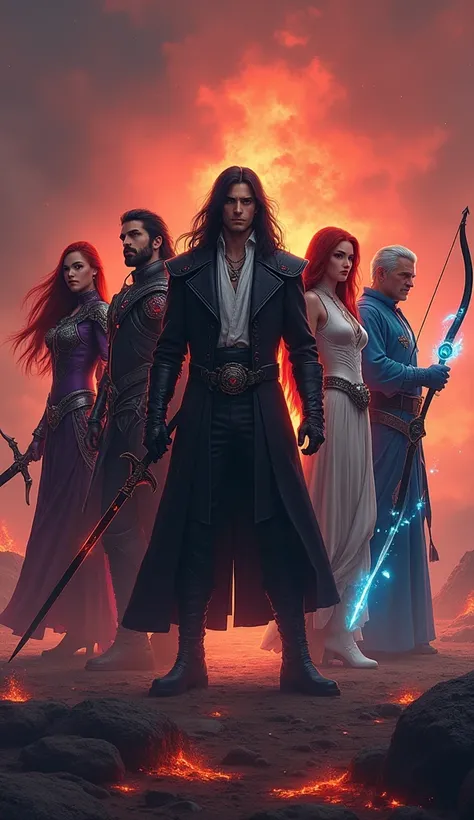 A realistic, photorealistic depiction of five characters standing facing forward.

Center:

Vortex: A male warrior with long black hair, standing in the center and facing forward. He wears a shiny black coat over a white shirt and holds a long sword with b...