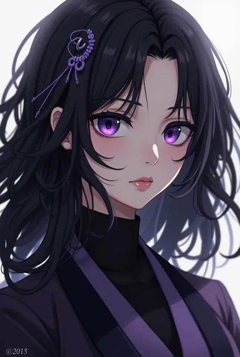 black hair light purple eyes cold expression has a traditional purple hair pin 