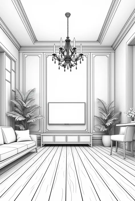 indoor设计，Line Art，unmanned，Wall-mounted TV，ceiling light，chandelier，Wooden floor，Pillow，table，landscape，indoor，sofa，flower瓶，plant，Chair，（object），flower，
（masterpiece））），Best quality，8k，Super Fine，（（Line Art））