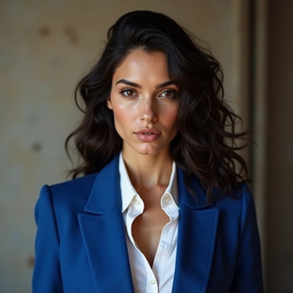 a young italian women in the style of Monica Bellucci, wears a shirt and a blue blazer, underlines her big breast, studies history of art, successful among men, very sensual