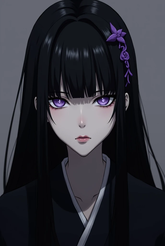 Long black hair light purple eyes cold expression has a traditional purple hair pin 