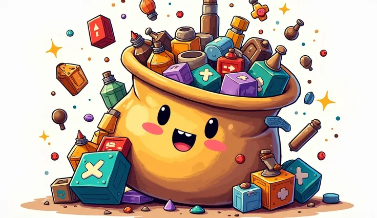 Close up of a cartoon bag with a bunch of items, Ink art brawlstars, mobile Game Art, Brawl Star, bloons td 6 dart monkey, the king of thieves, mobile game asset, Game Art, 2d Game Art, 2 d Game Art, mobile game, mobile game background, Game Icon Assets, O...