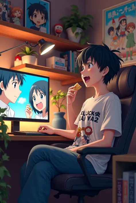 A black-haired boy is sitting on a comfortable chair in his otaku-themed setup. He has a cheerful expression, with a wide smile showing his enjoyment. His black hair is styled in a casual, slightly tousled manner. Hes wearing a relaxed outfit, such as a gr...