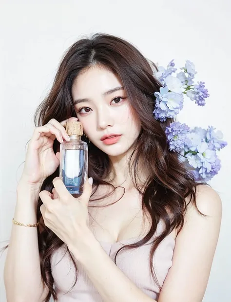 An arafed woman holding a bottle of perfume with flowers in her hair, perfume, hwang se - on, jinyoung shin, tiffany, lee ji-eun, lee ji - eun, song hye - kyo, heonhwa choe, jaeyeon nam, park ji-min, ji-min, blackpink jennie, popular south korean makeup, j...