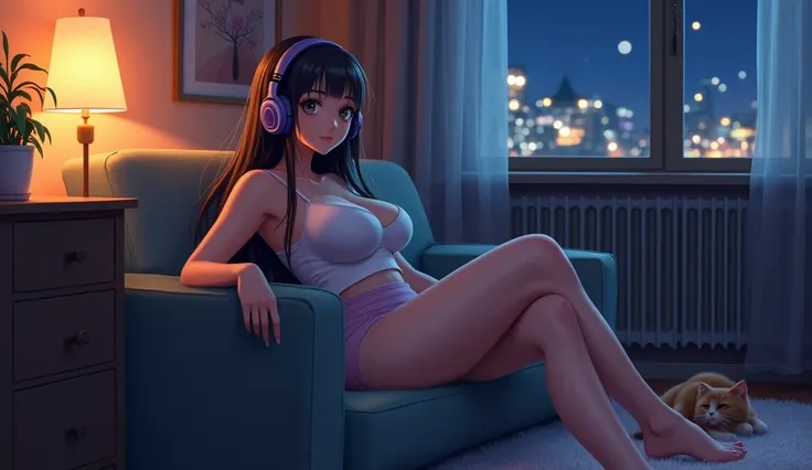 room，Woman sitting on sofa，look out、2D anime style，The cat is lying on the floor.、night、dark、I have headphones on、Let your hair down、Big Breasts、LoFi,Retro