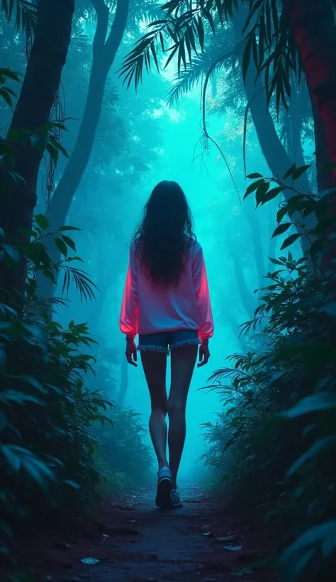 "Create a visually stunning wallpaper featuring a retro-themed scene with cool tones. The scene depicts a girl walking through a dense, mysterious jungle. The color palette should include deep blues, teals, and purples to give a cool, moody vibe. The girl ...